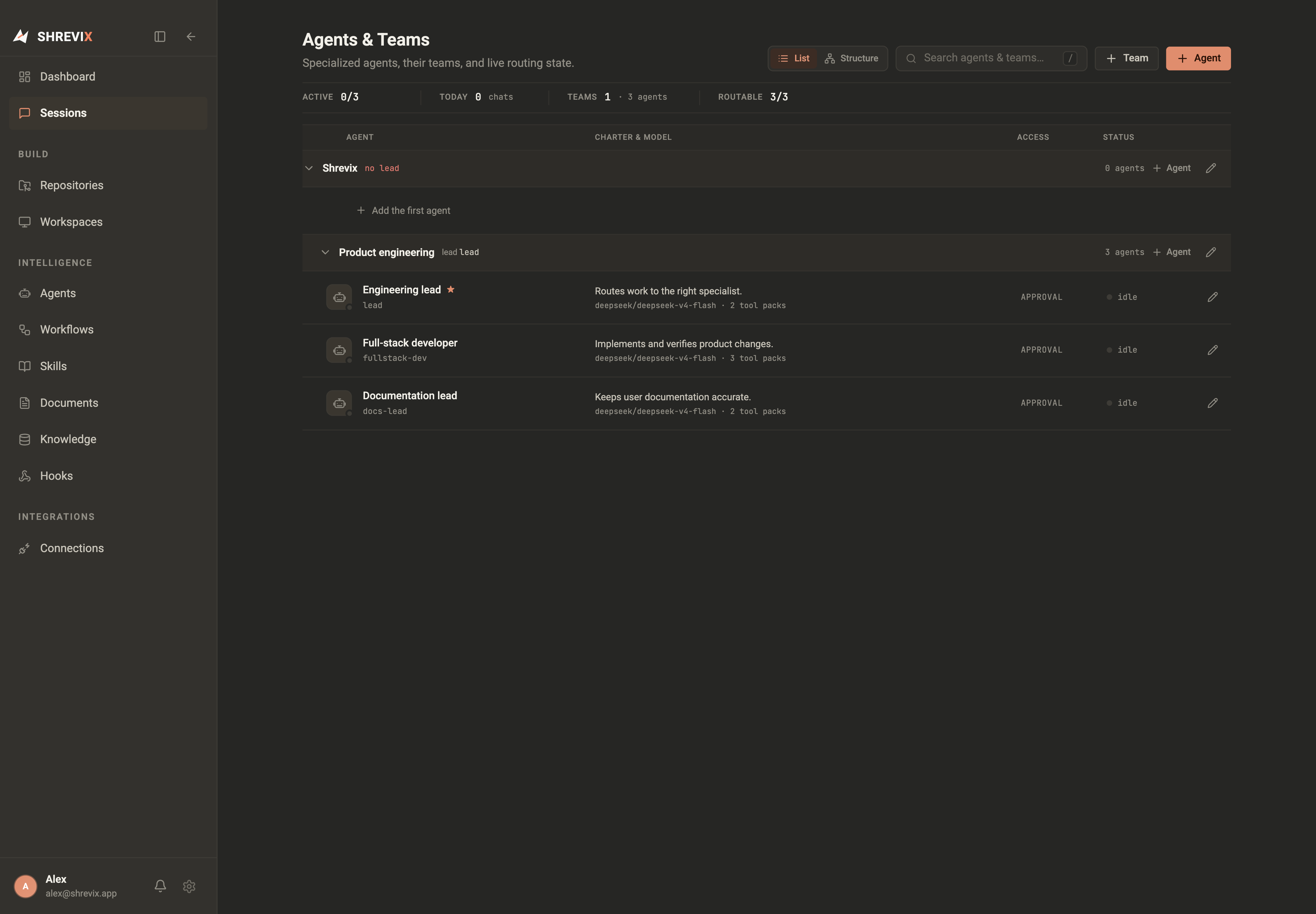 The current Agents and Teams page in list view with the Product engineering team expanded