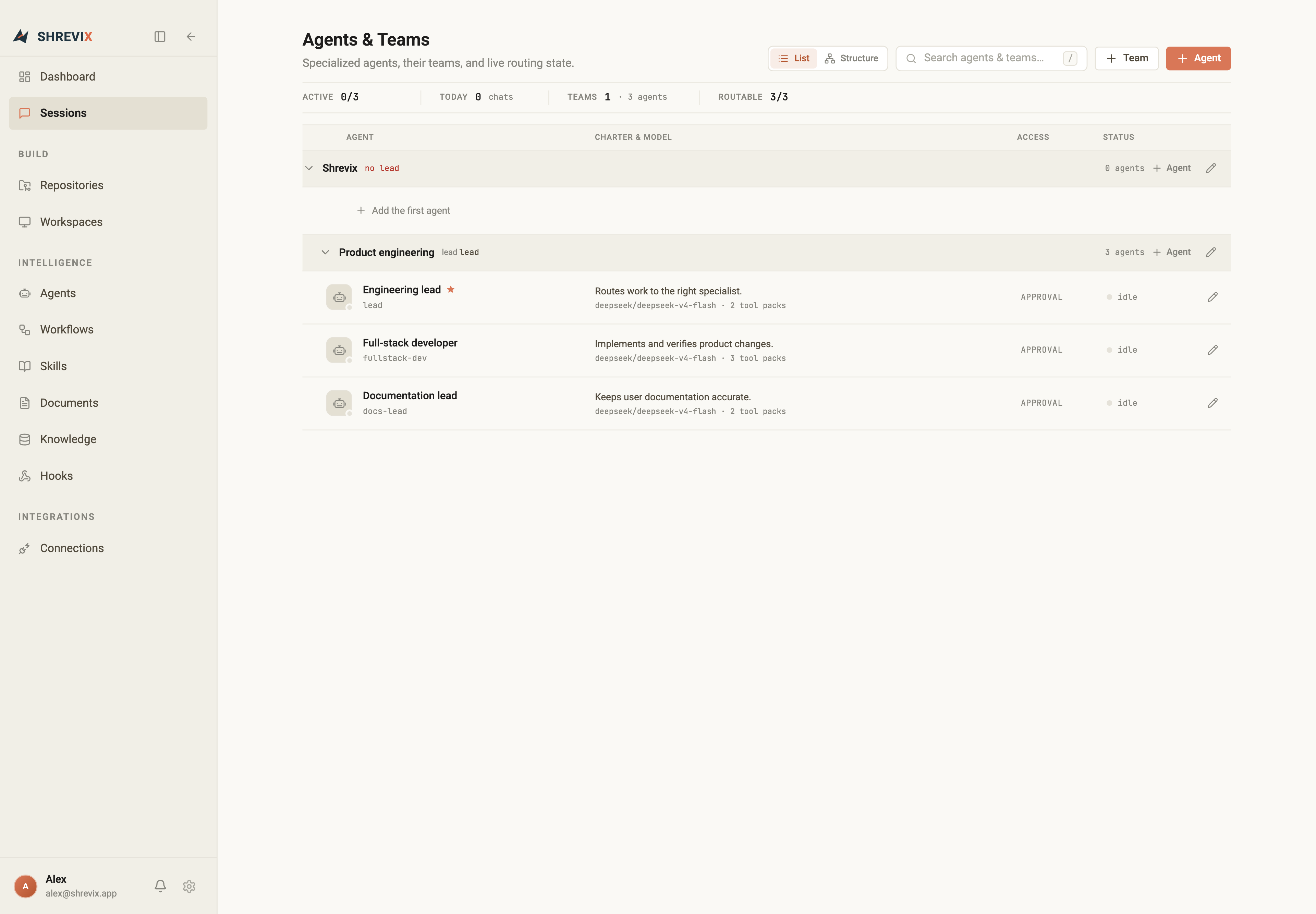 The current Agents and Teams page in list view with the Product engineering team expanded
