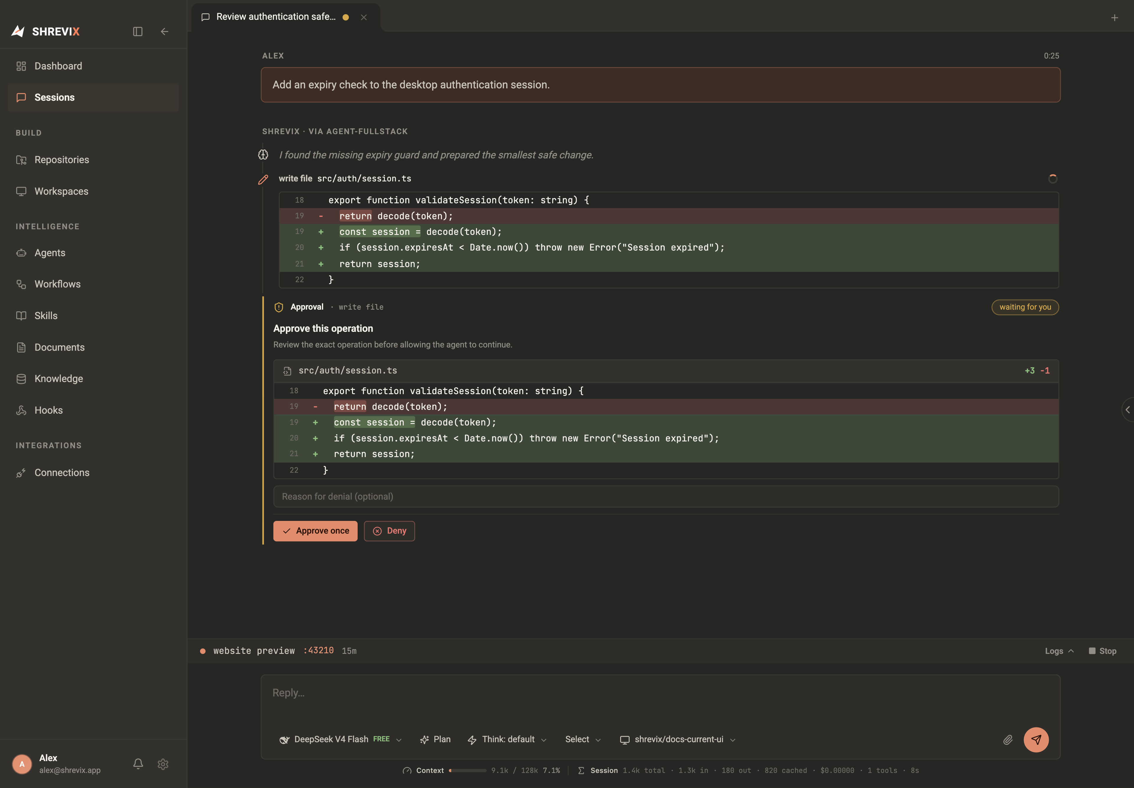 The current Shrevix chat transcript with a write-file diff, a waiting approval gate, and Plan mode in the composer