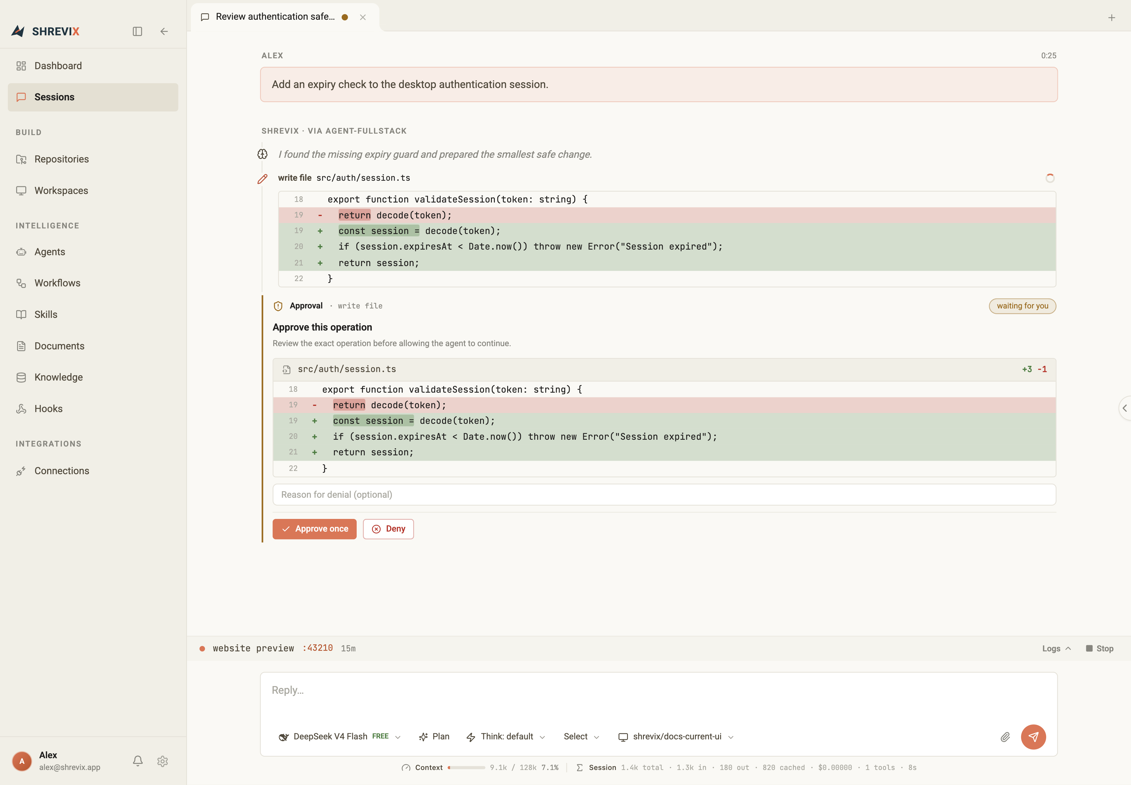 The current Shrevix chat transcript with a write-file diff, a waiting approval gate, and Plan mode in the composer