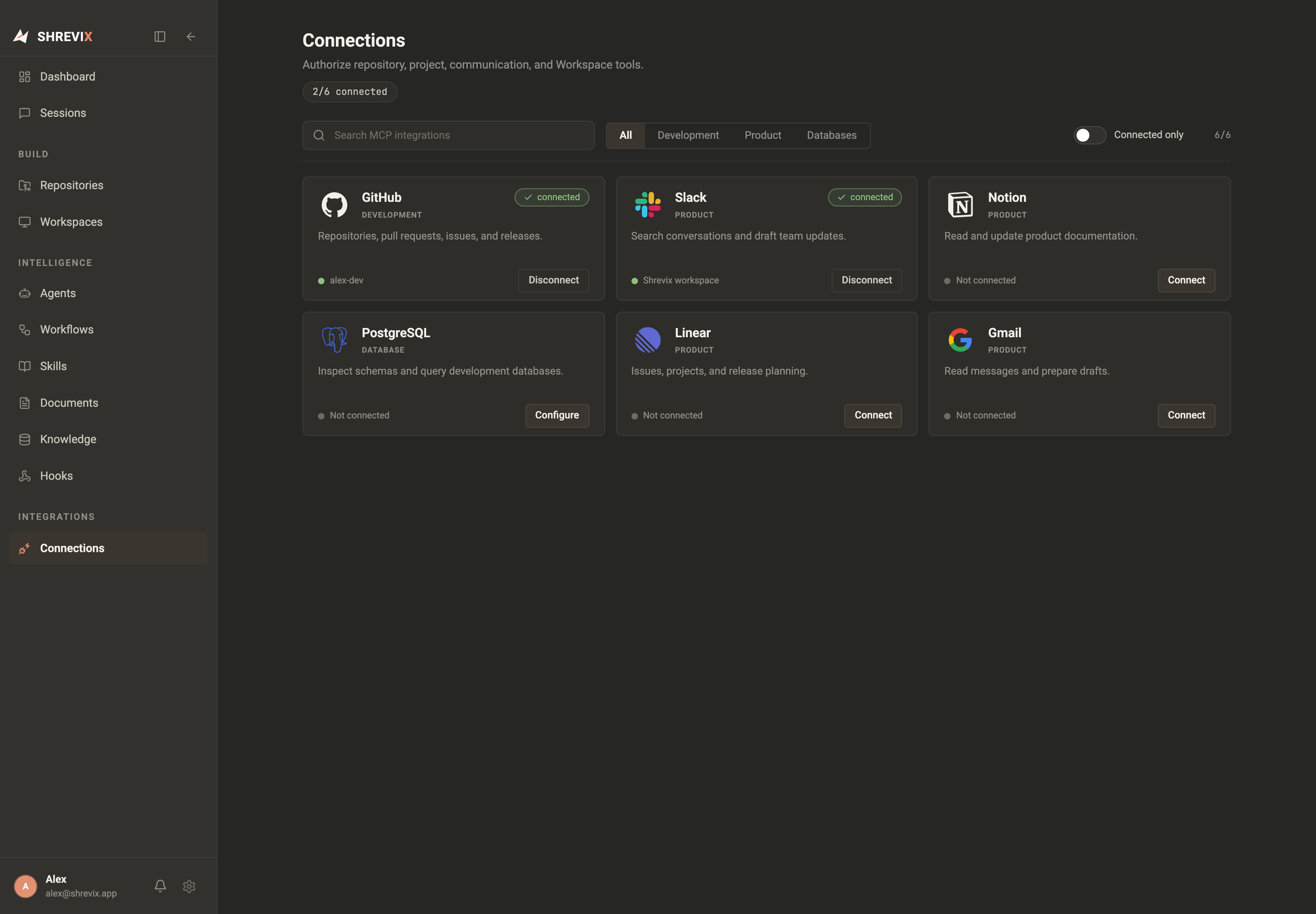 The Connections page with searchable integration cards and connection state