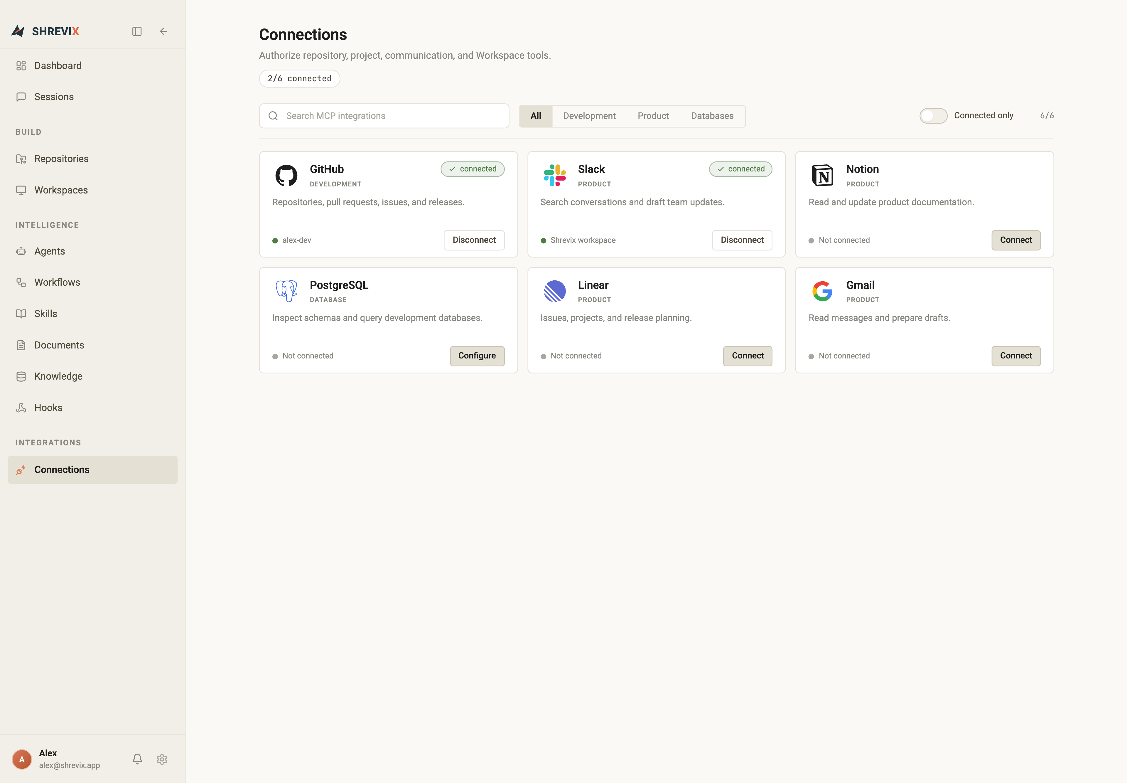 The Connections page with searchable integration cards and connection state