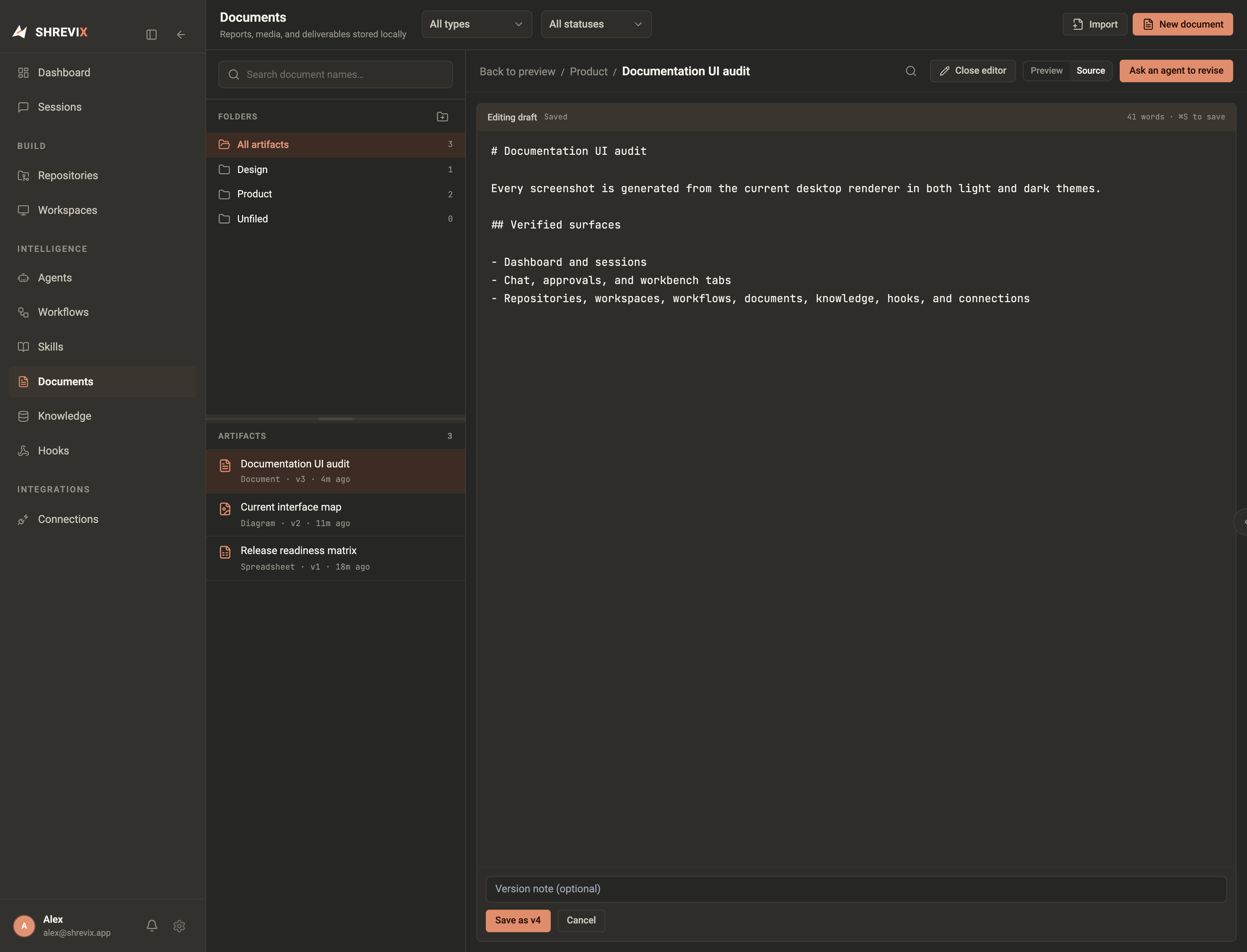 The current Shrevix inline Markdown document editor with source and preview controls
