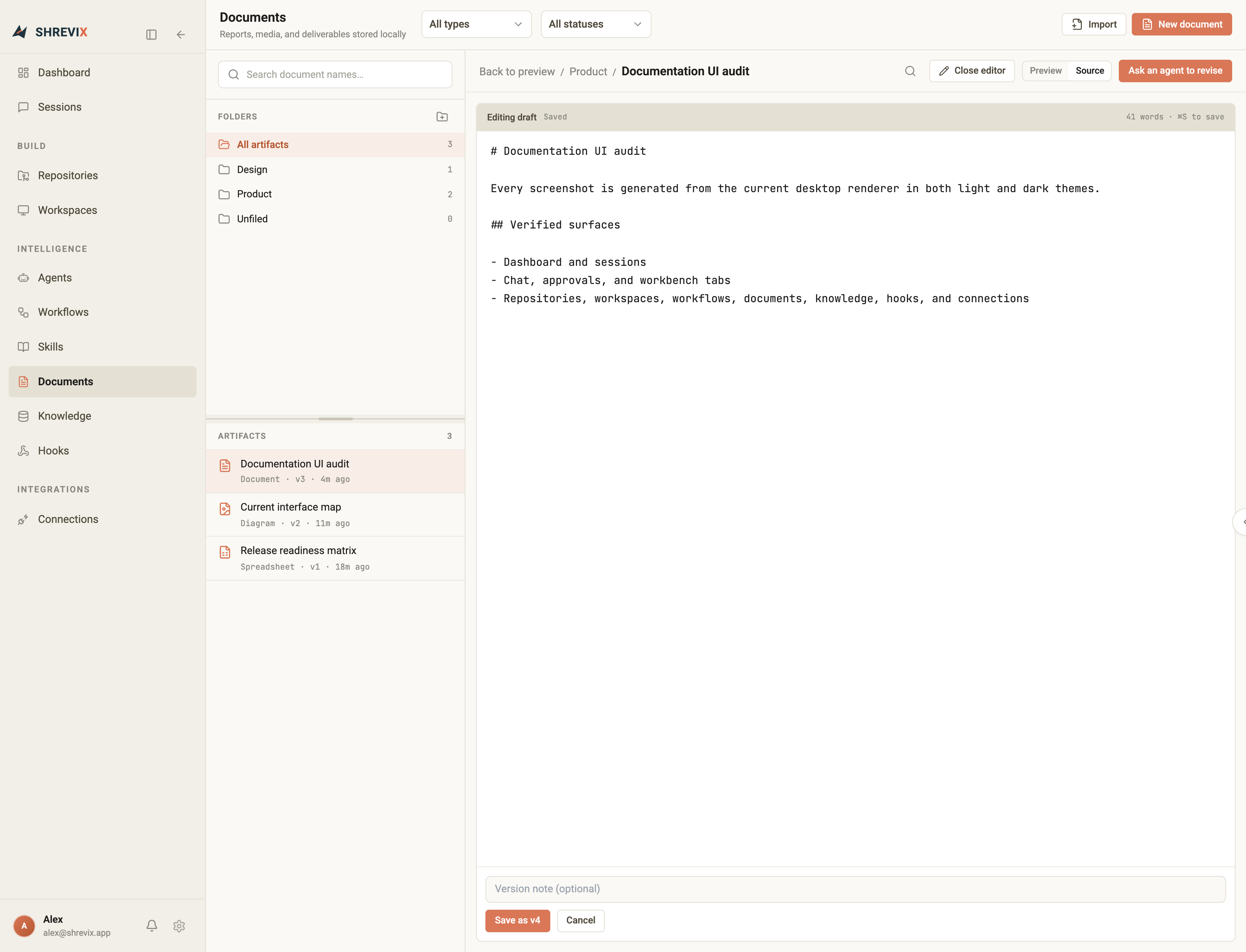 The current Shrevix inline Markdown document editor with source and preview controls