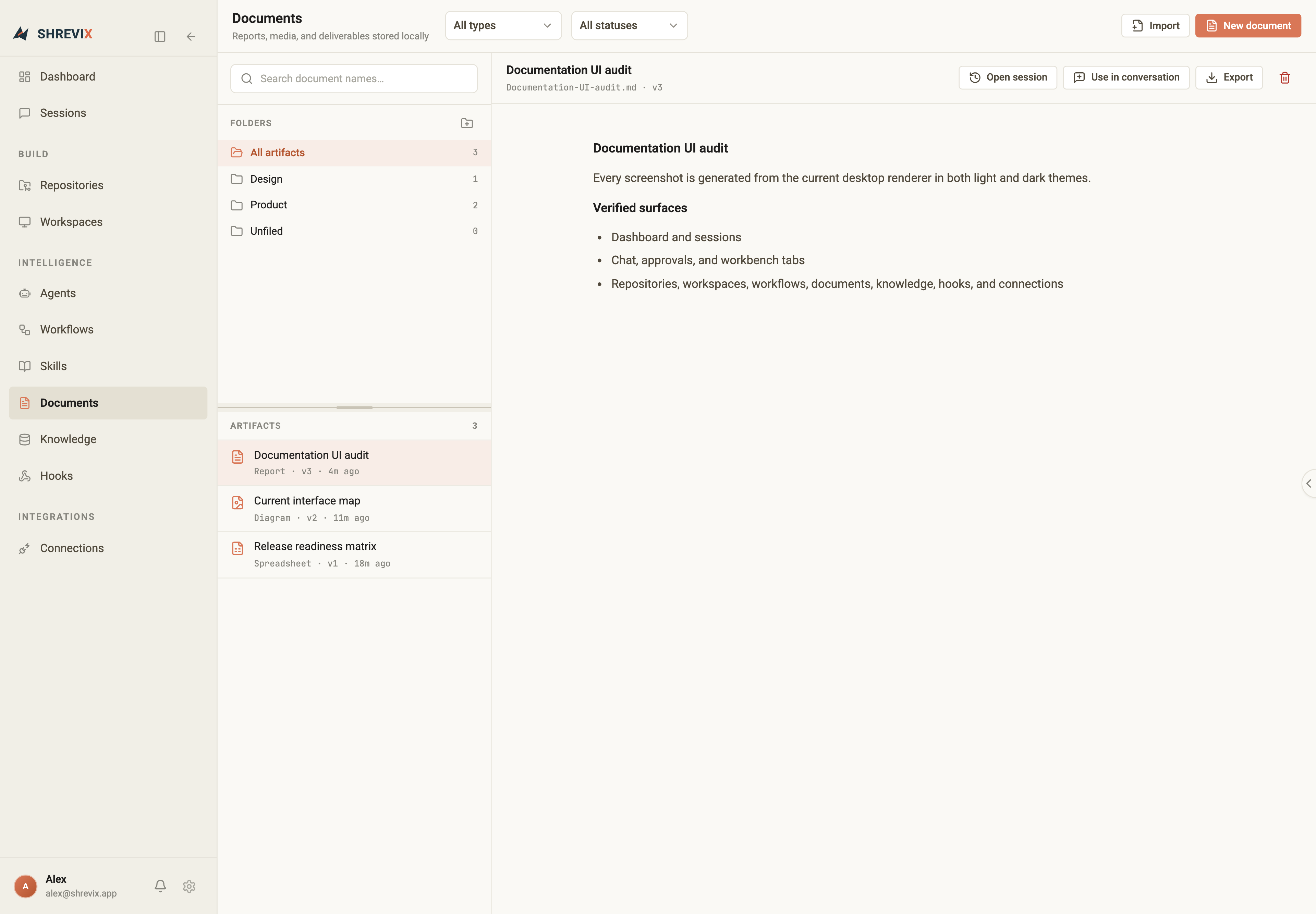 Shrevix Documents with folders, artifact types, provenance, and version state