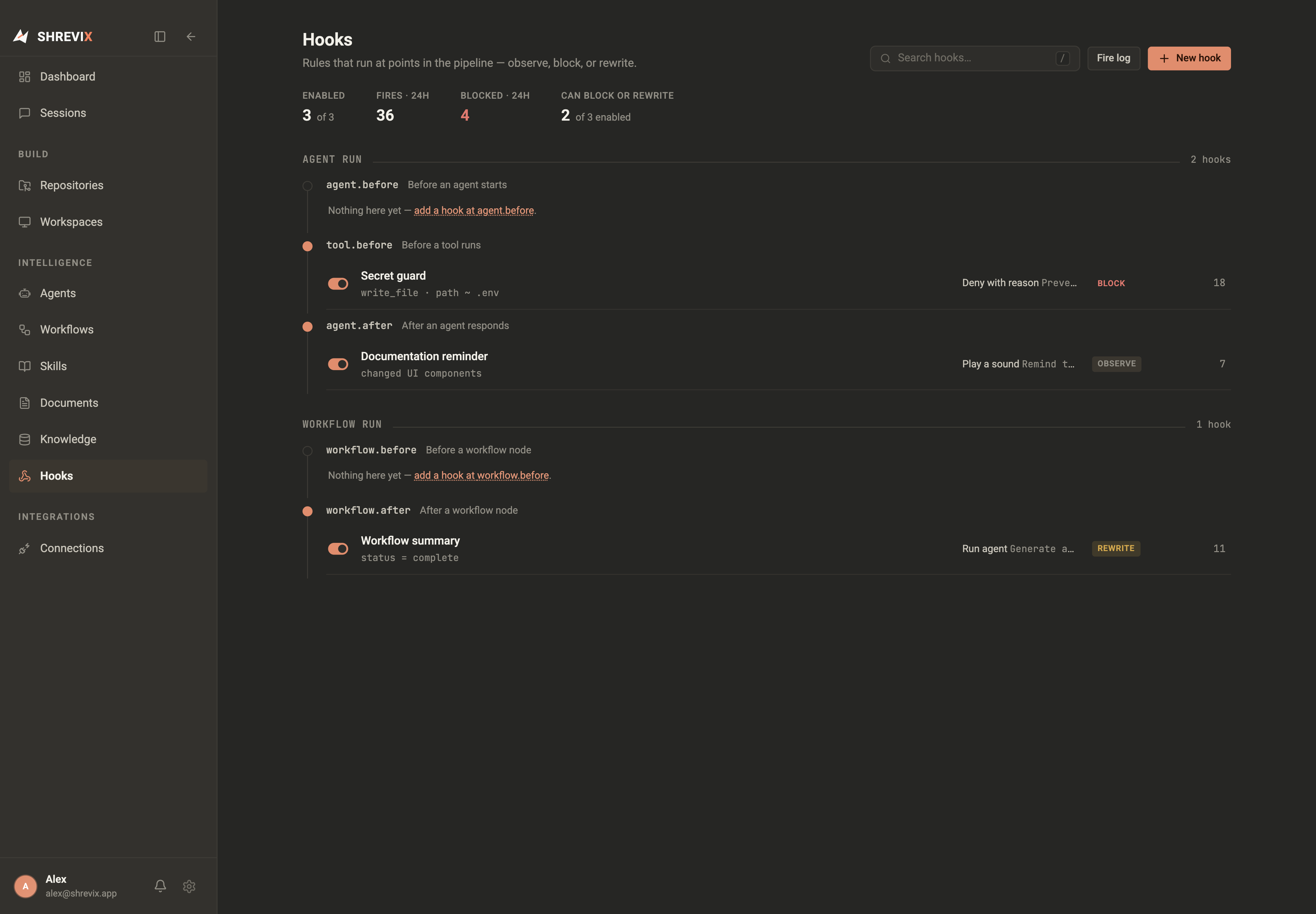 The Hooks page showing agent and workflow pipeline stages