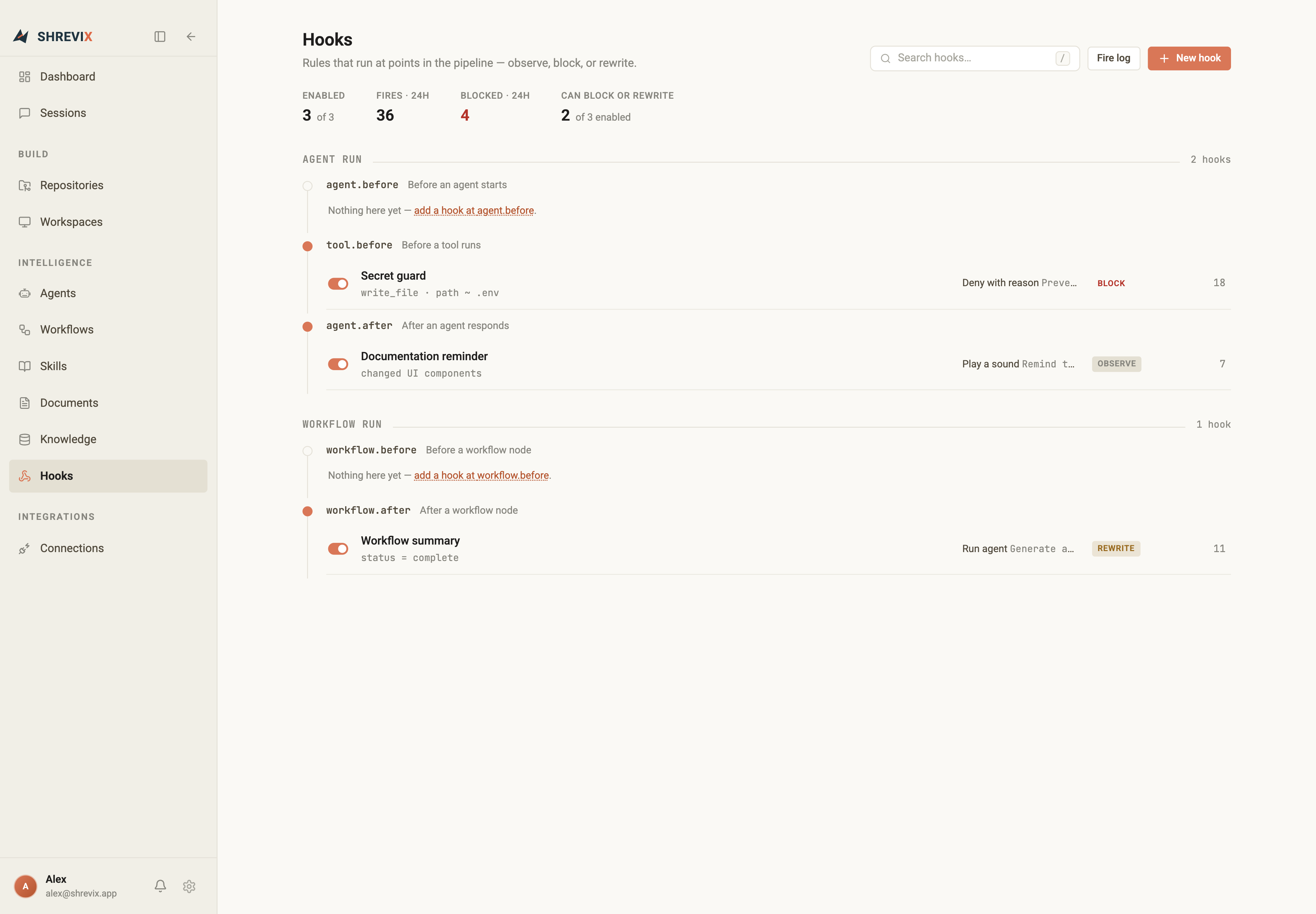 The Hooks page showing agent and workflow pipeline stages