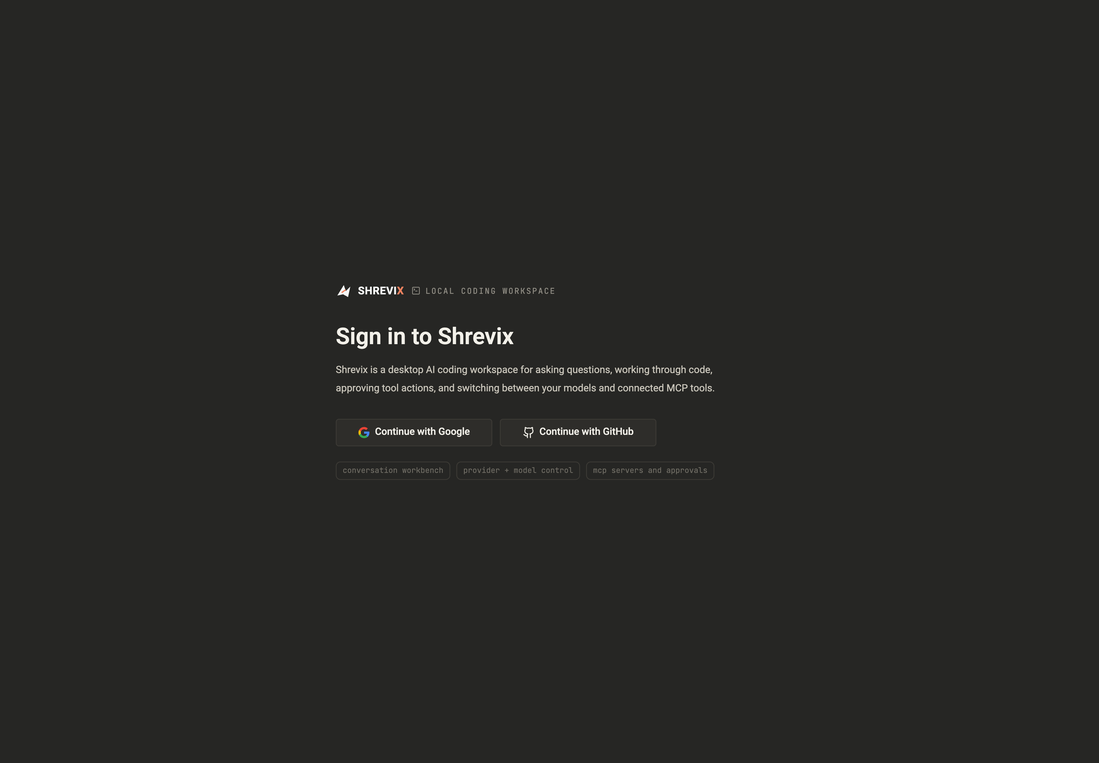 The Shrevix desktop sign-in page