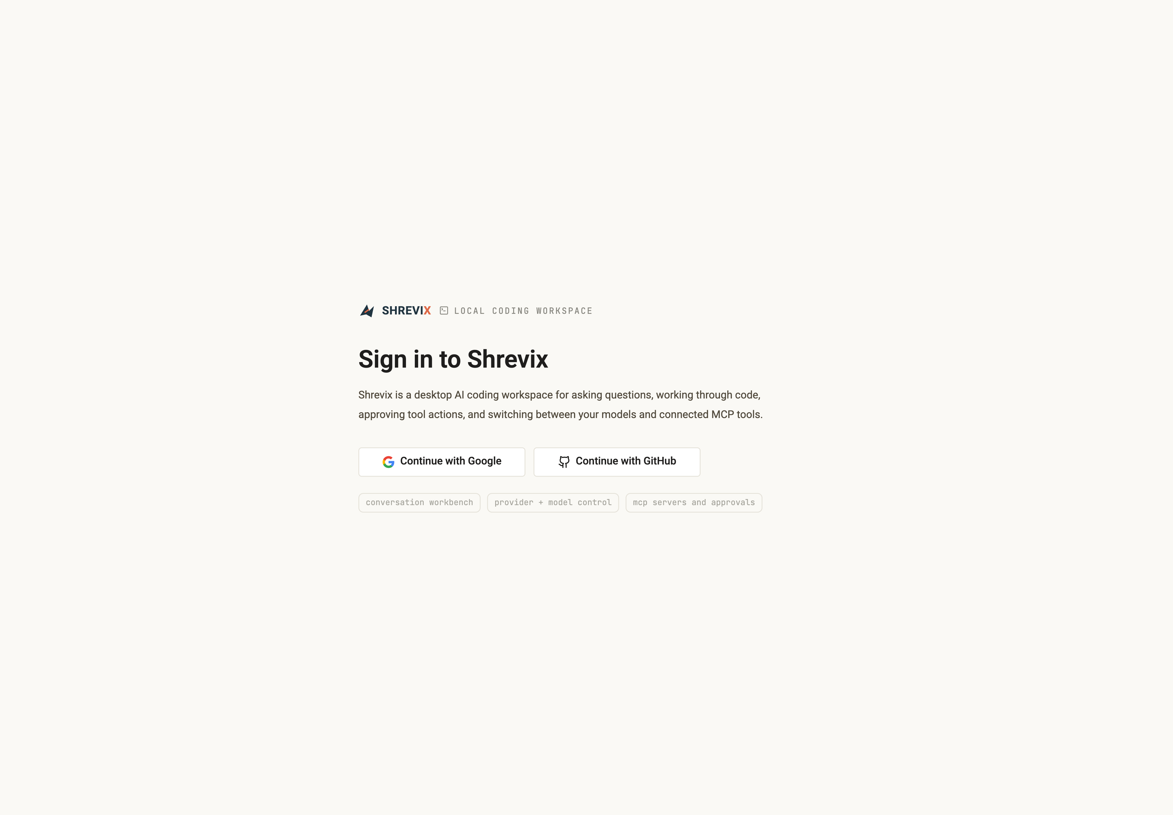 The Shrevix desktop sign-in page