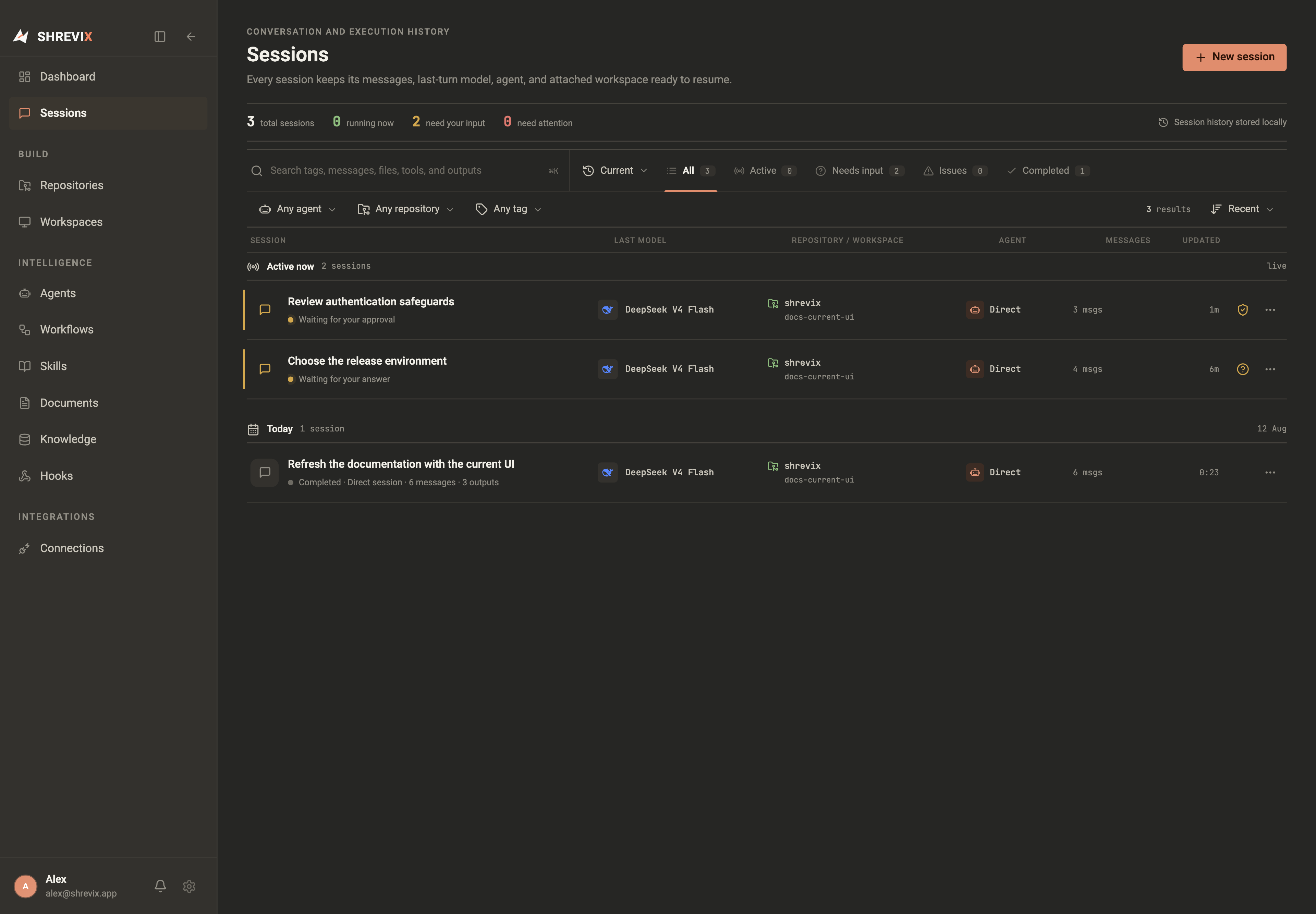 The Sessions page showing searchable conversation history and live state