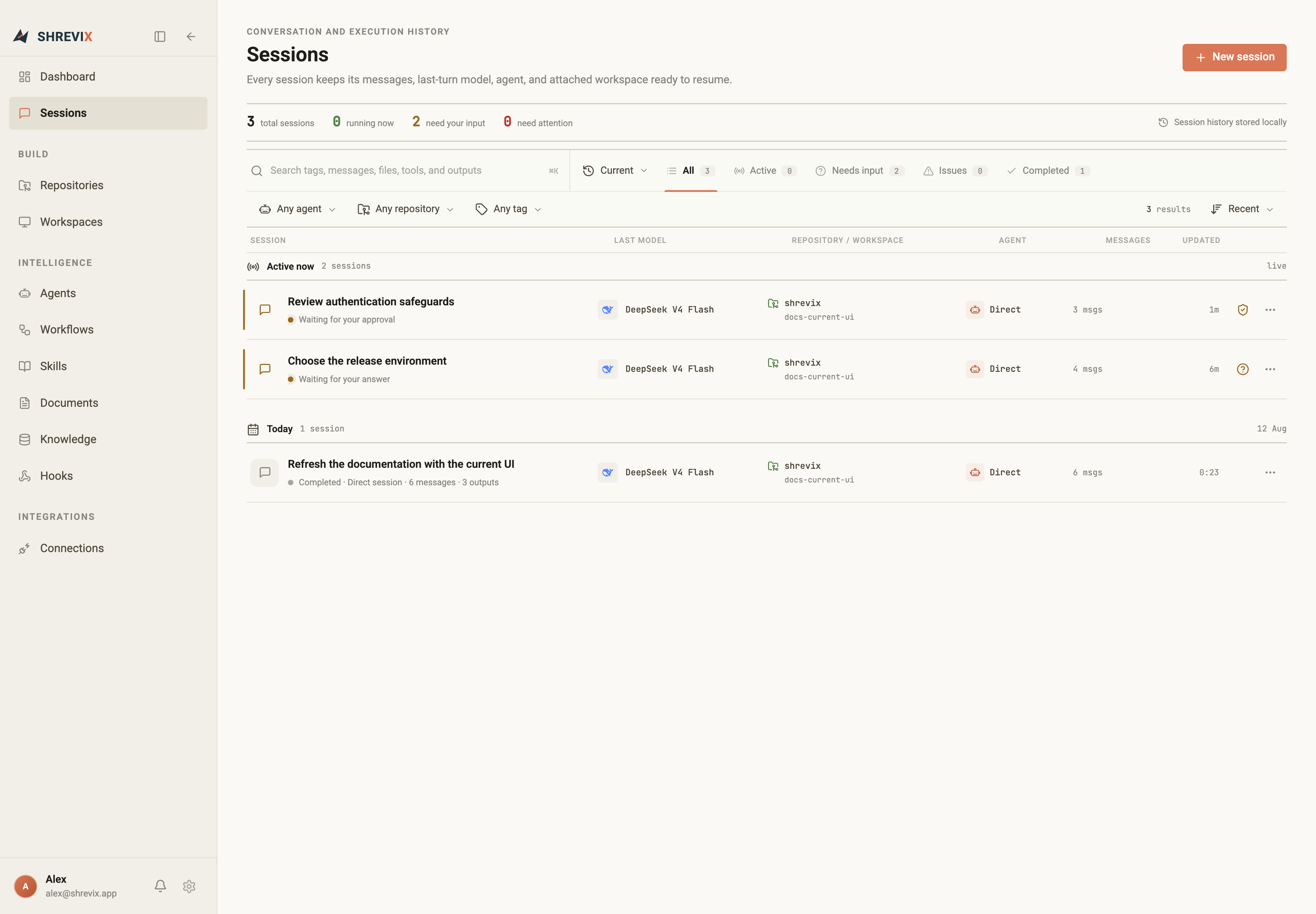 The Sessions page showing searchable conversation history and live state