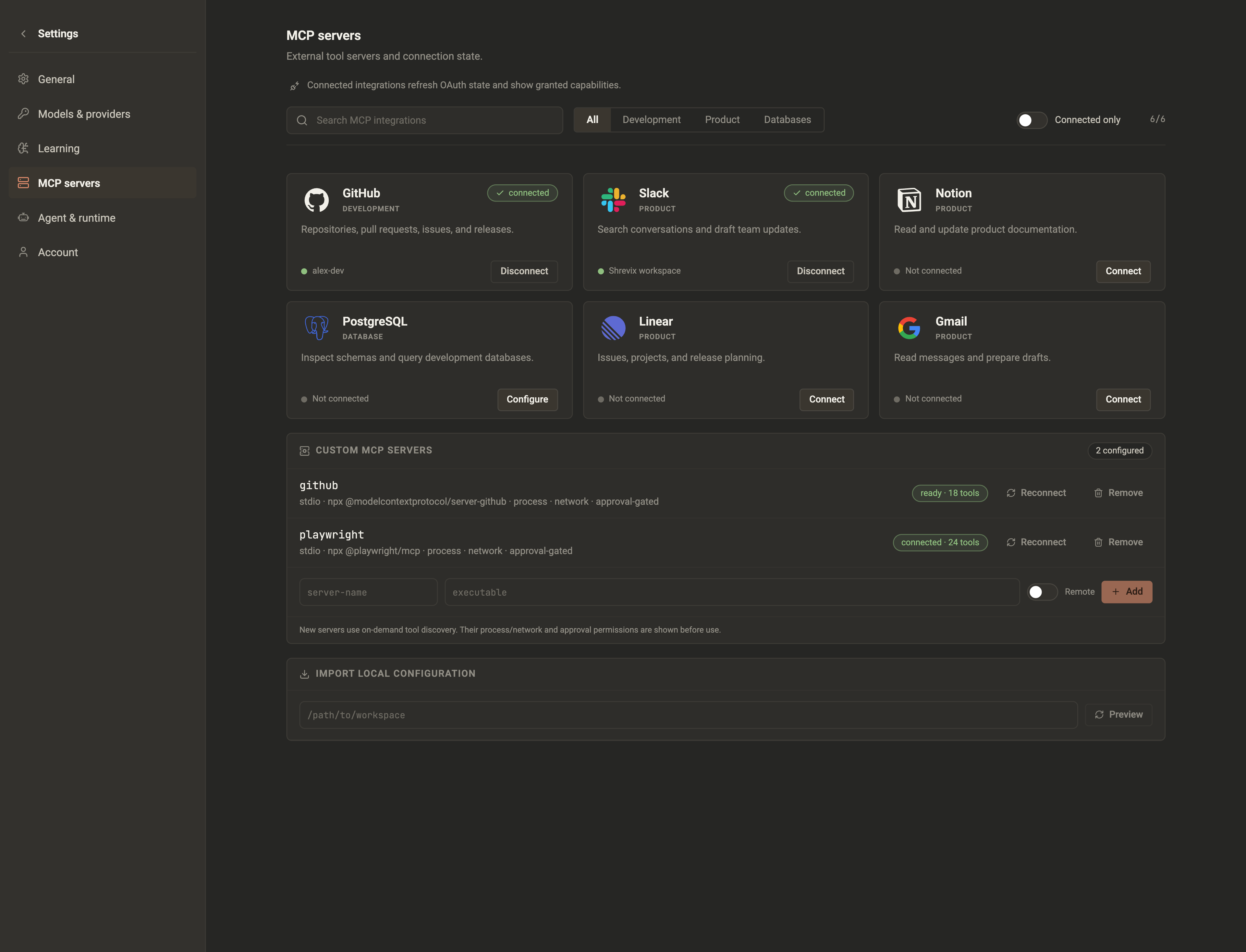 MCP settings with an integration catalog and connection actions