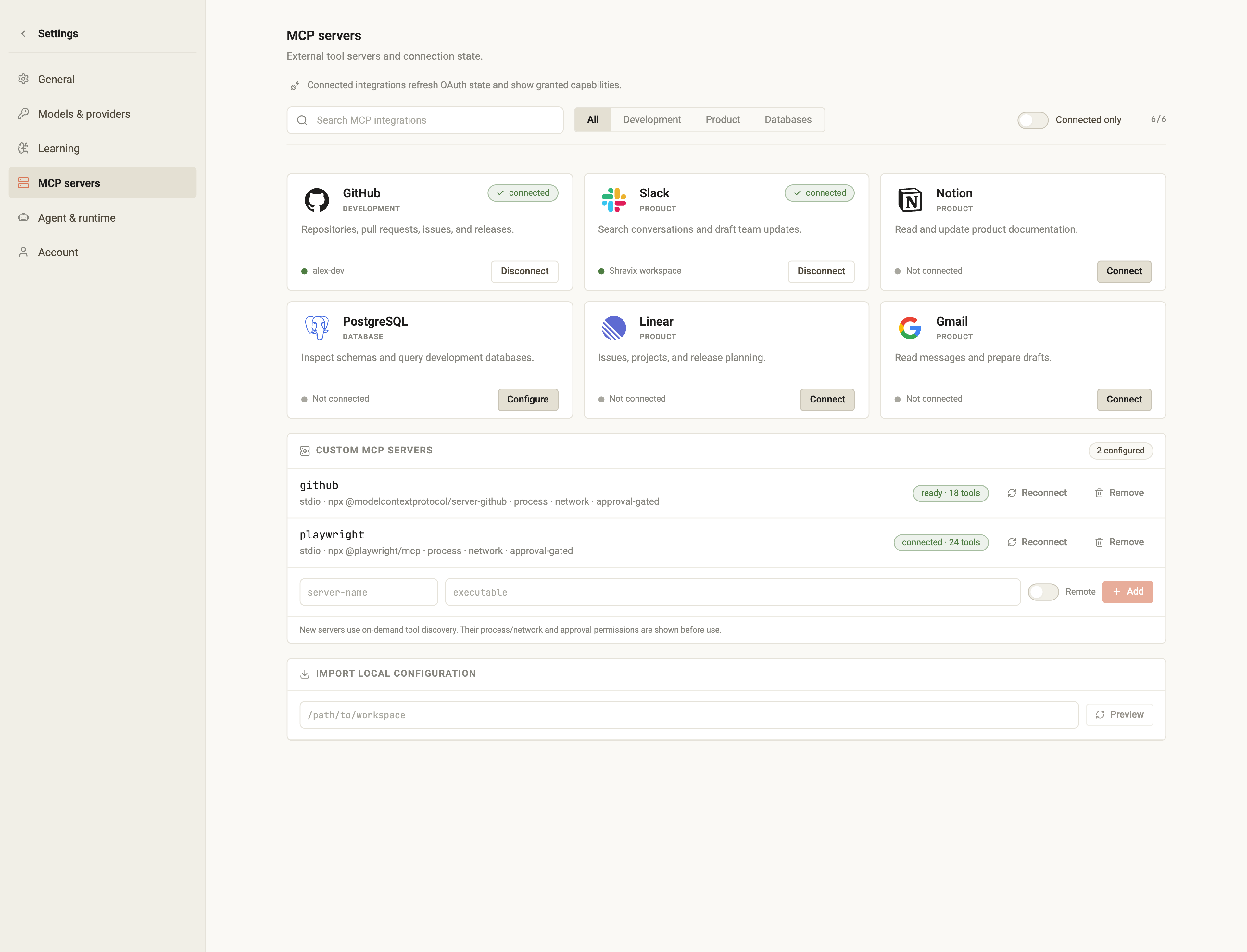 MCP settings with an integration catalog and connection actions