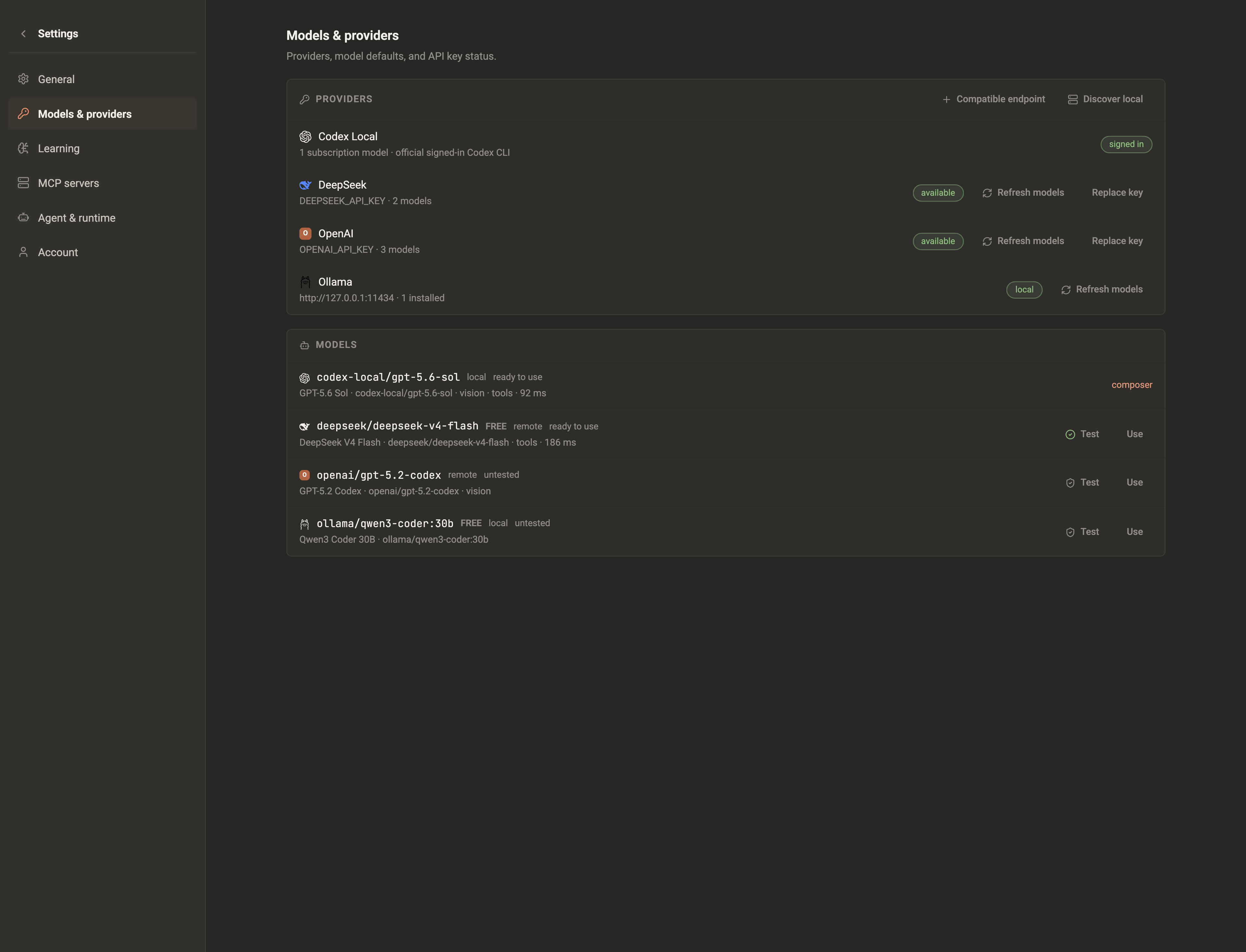 Shrevix Models and providers settings with provider key state, local discovery, model capabilities, and the active model
