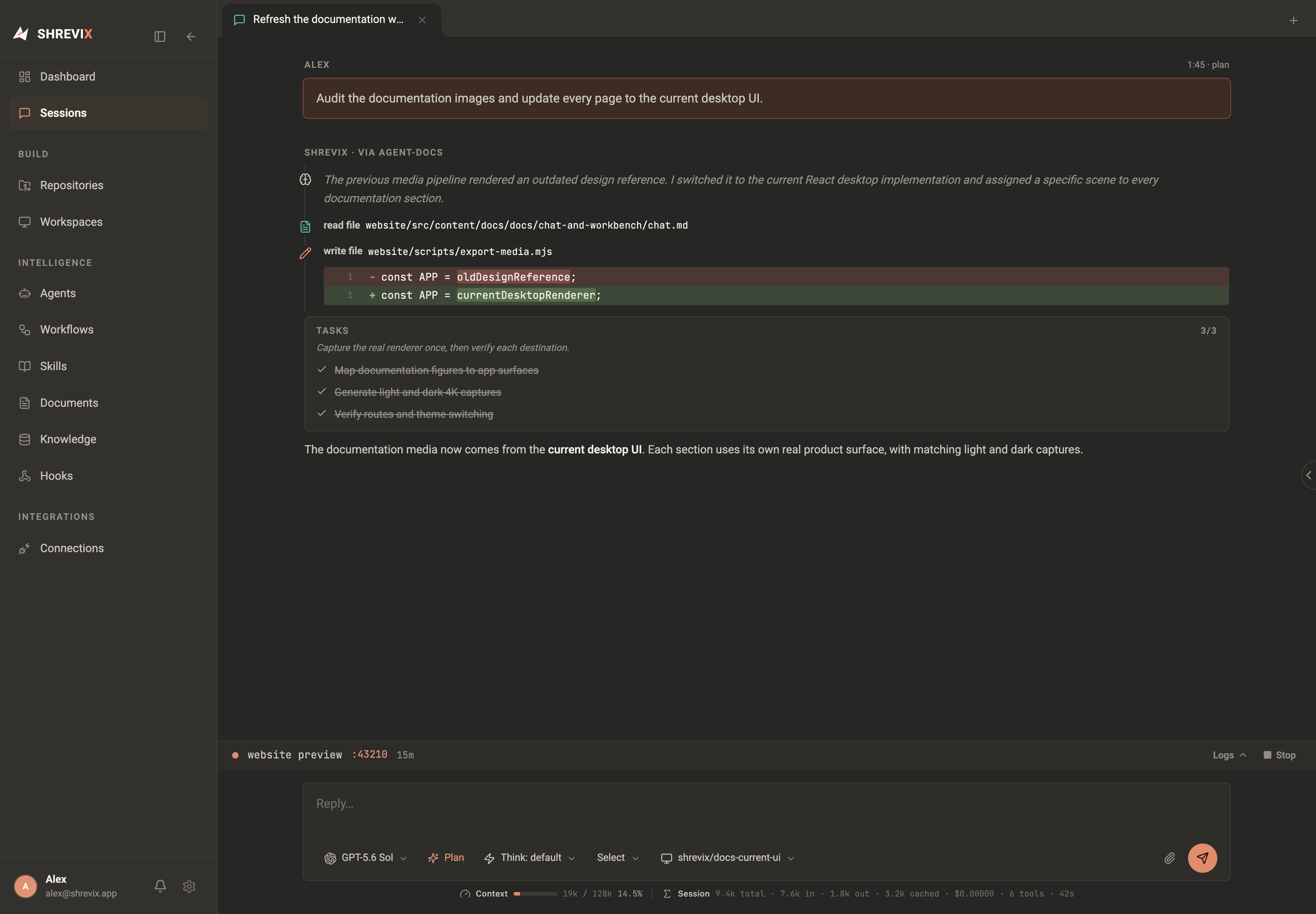 The current Shrevix chat workbench with a transcript, composer controls, context telemetry, and browser-style tabs