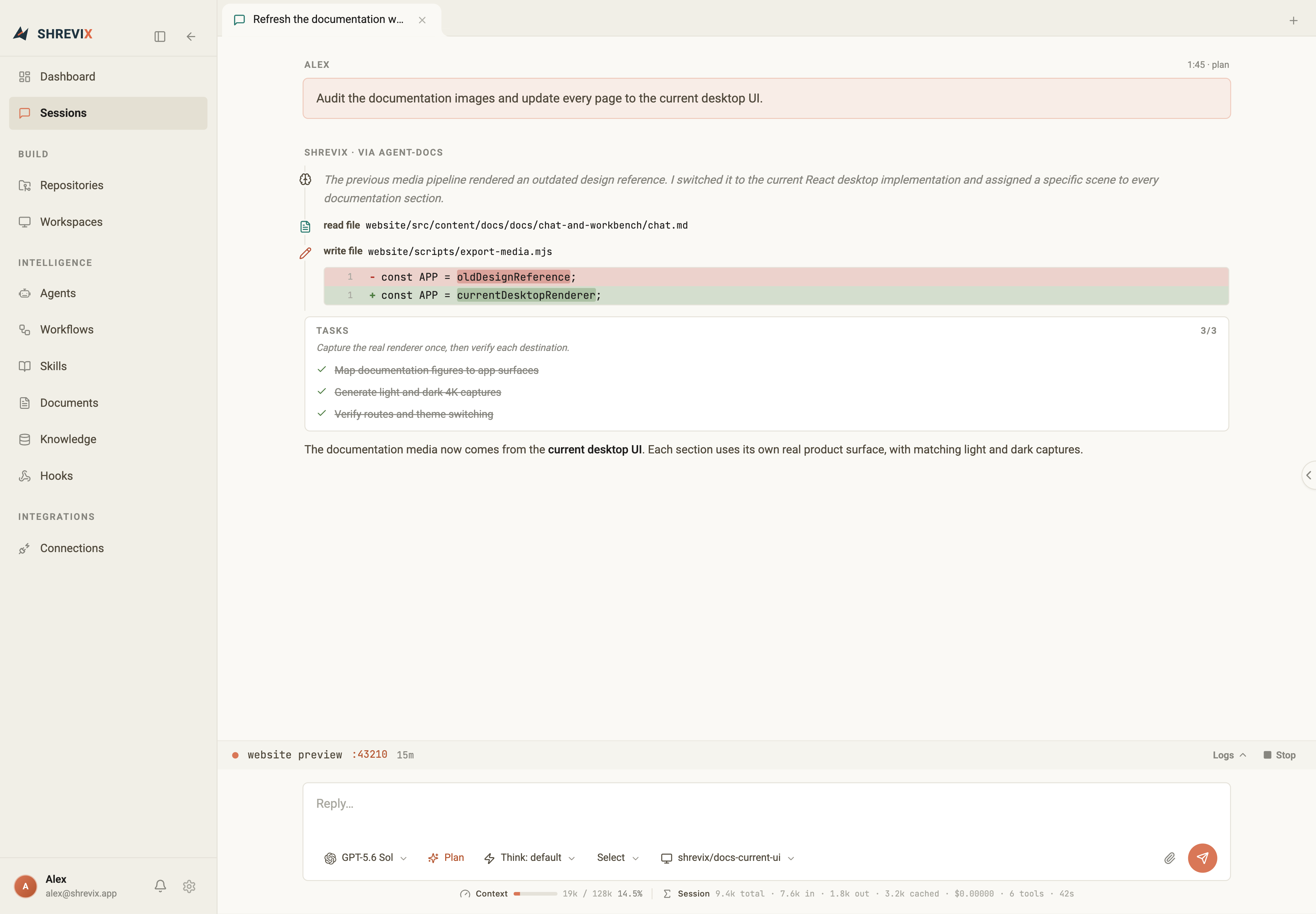 The current Shrevix chat workbench with a transcript, composer controls, context telemetry, and browser-style tabs