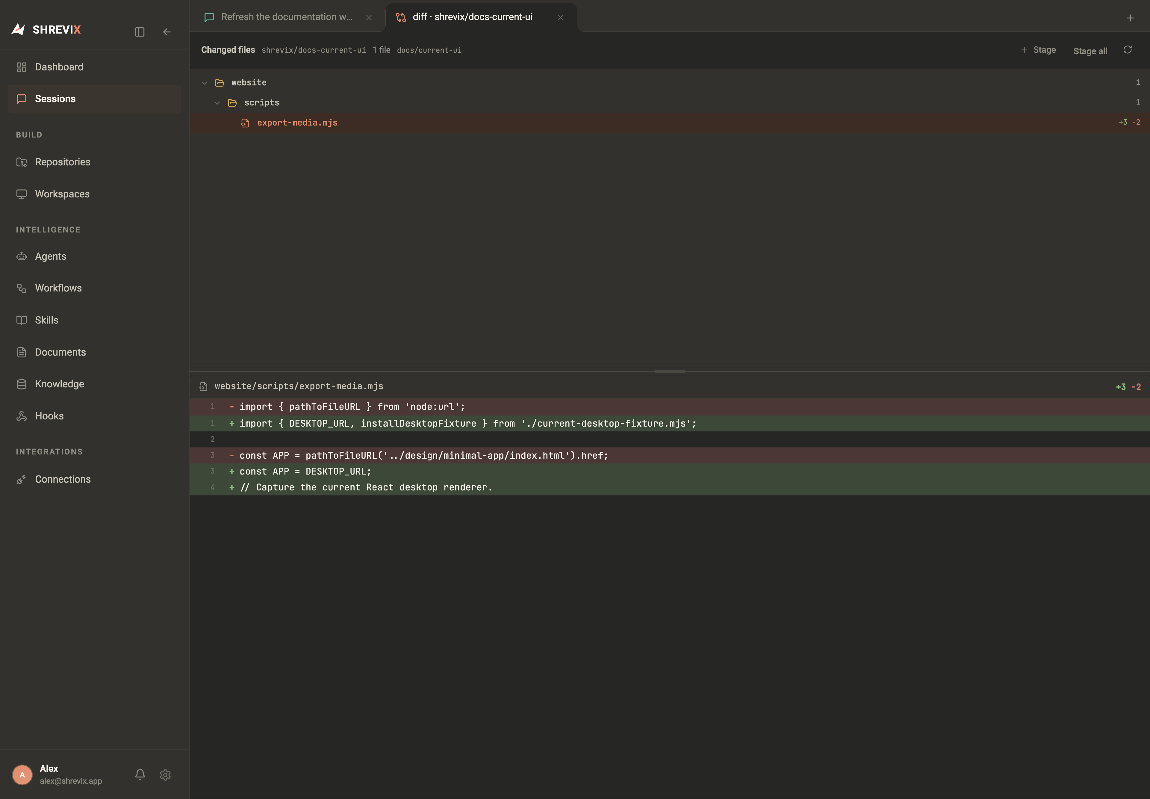 Shrevix workbench with equal-width browser tabs and a code diff