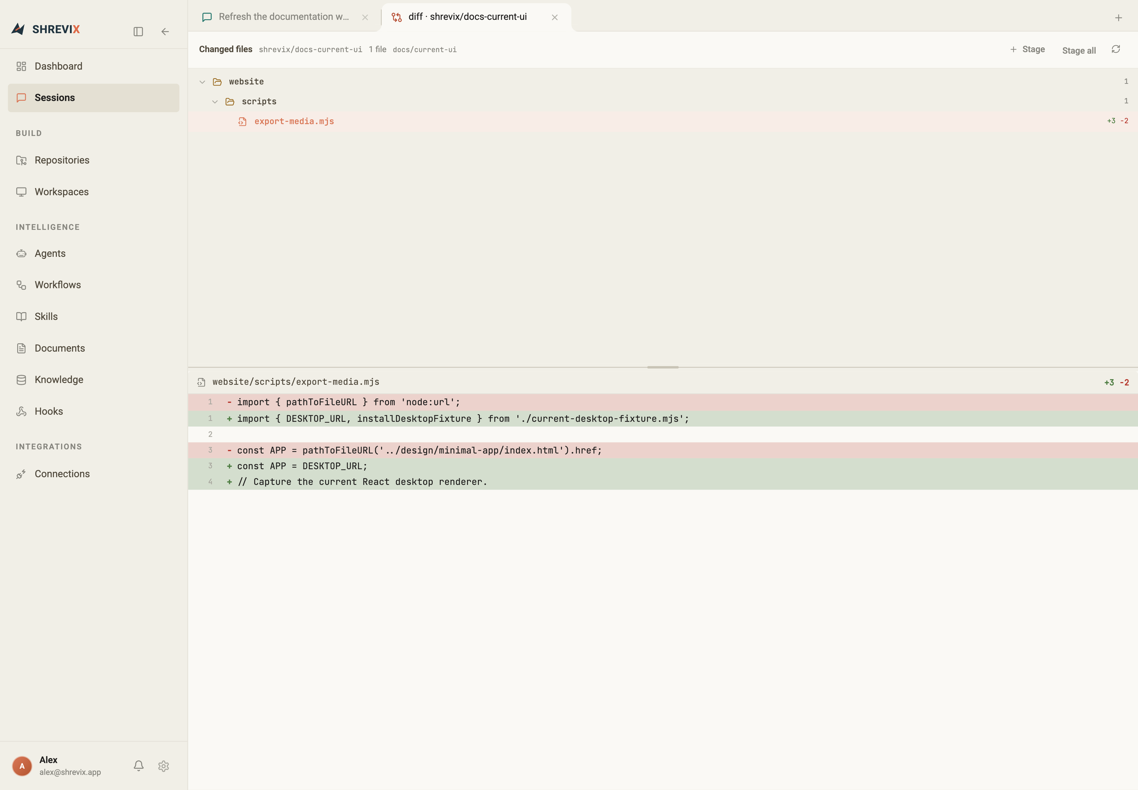 Shrevix workbench with equal-width browser tabs and a code diff